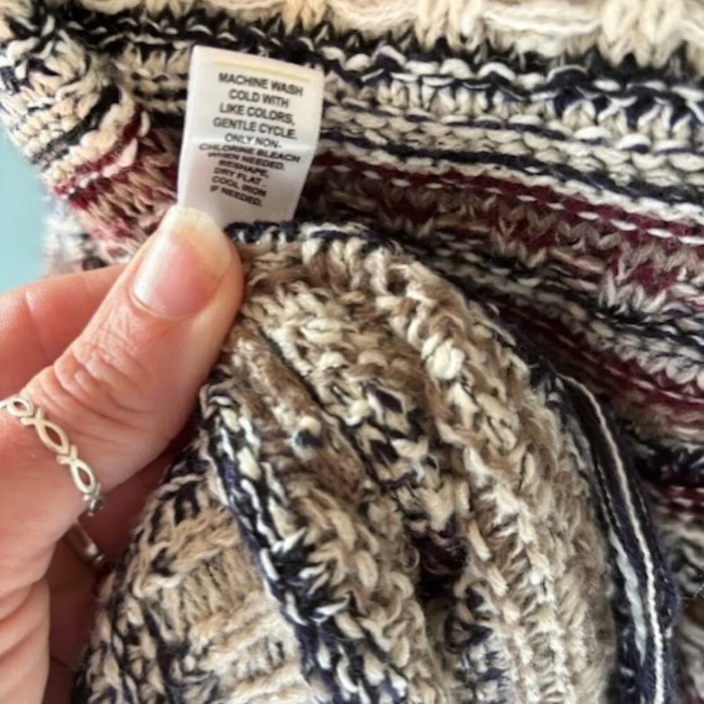 Cato Open Front Cardigan Sweater Loose Knit Fringe Neutral Beige Navy 22/24 W - Picture 8 of 9